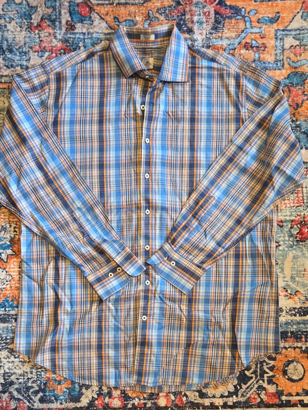 Peter Millar Blue Orange Plaid Button Up Dress Shirt Men's XL